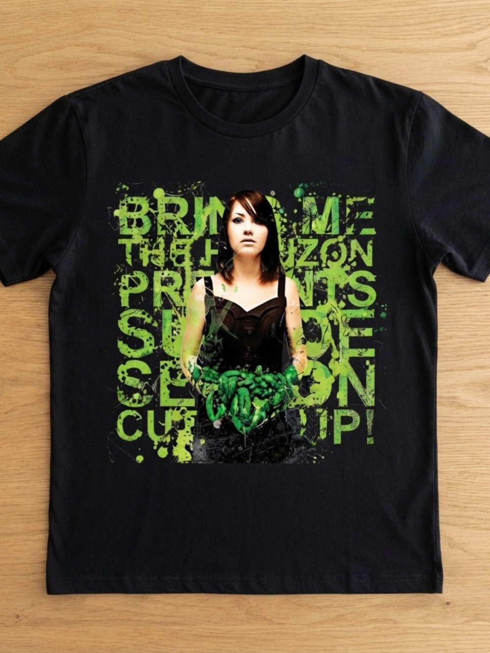 Gildan Black Women's Short Sleeve Tee with Neon Green Graphic
